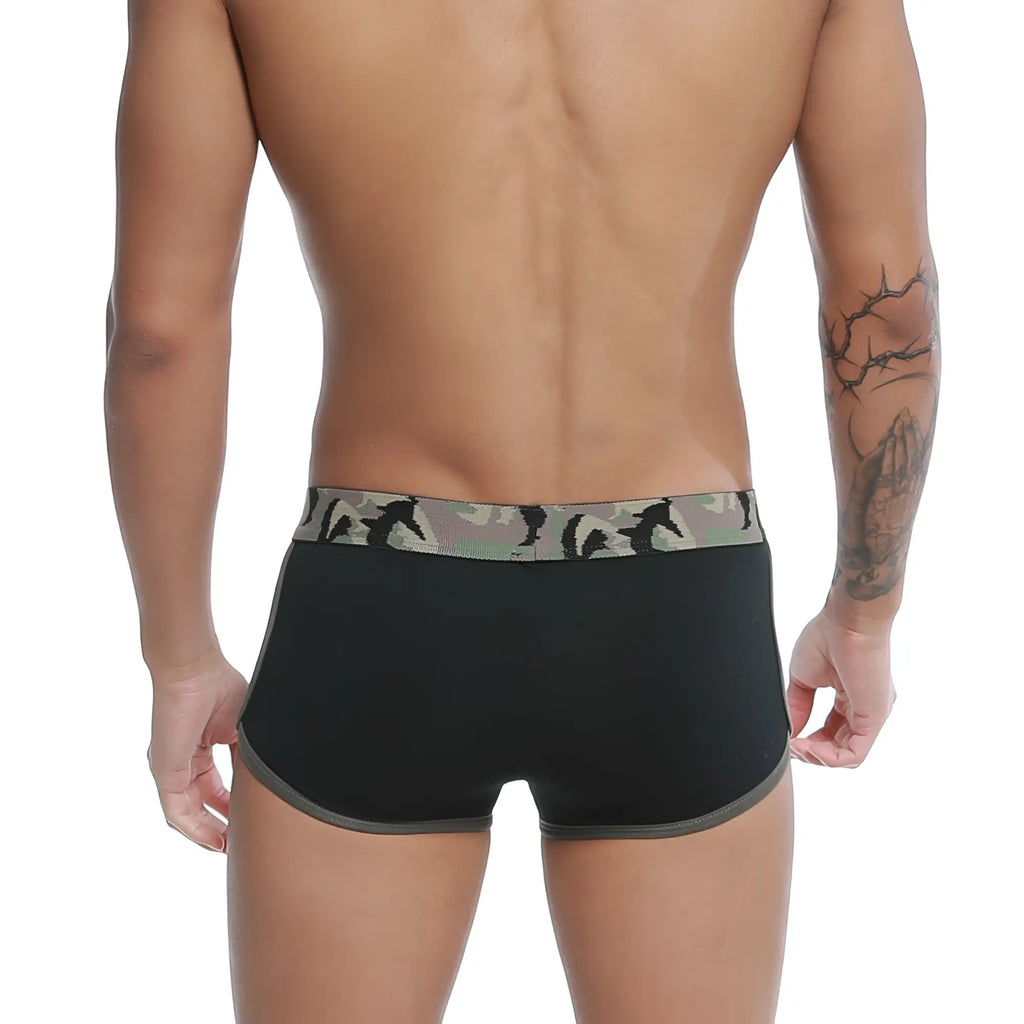 Black u-station brazilian trunk briefs with khaki camouflage waistband featuring running figure silhouettes