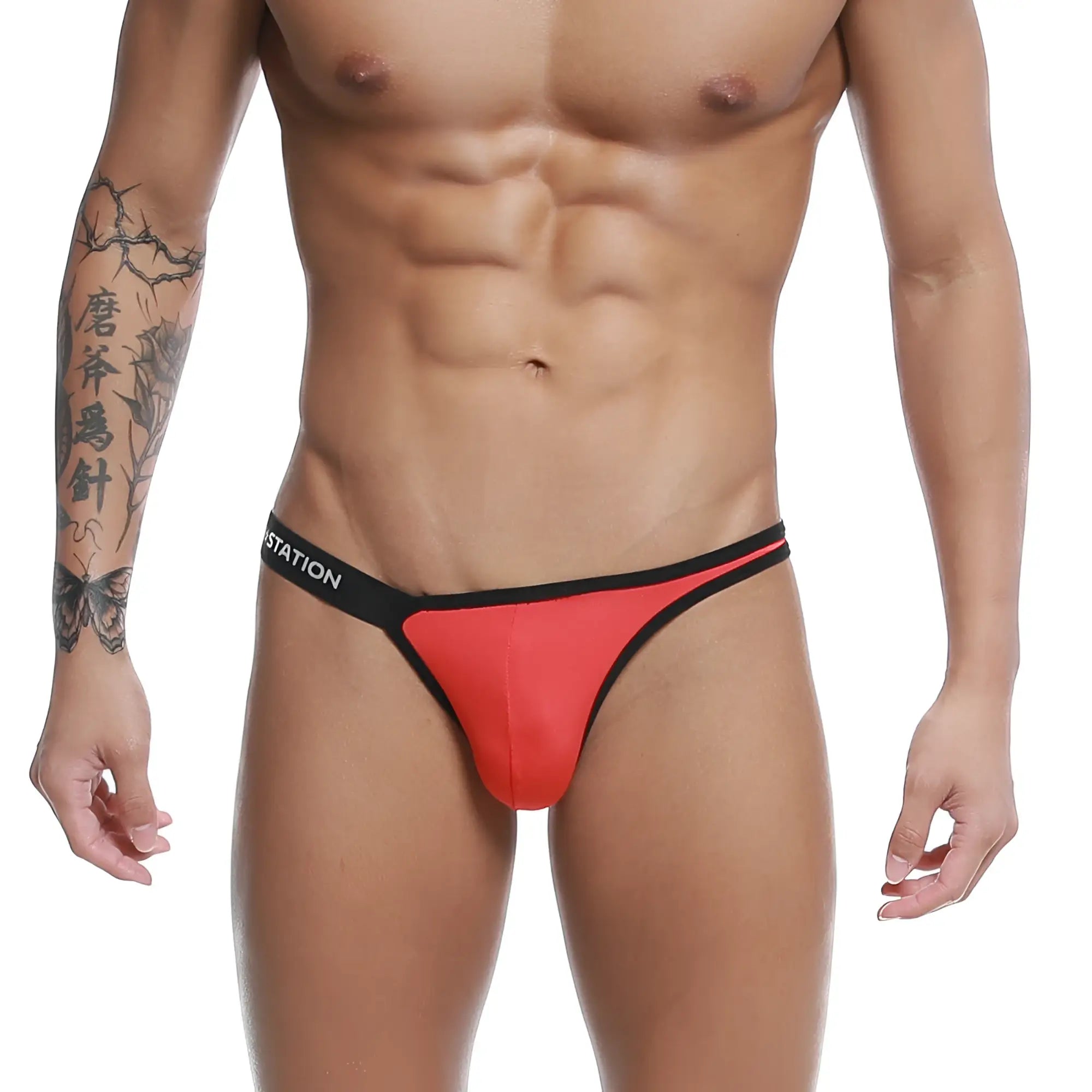 Red and black U-Station Calypso bikini thong with sleek form-fitting design for stylish swimwear looks