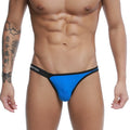 Bright blue thong bikini with black trim and station logo on waistband from u-station calypso royal collection