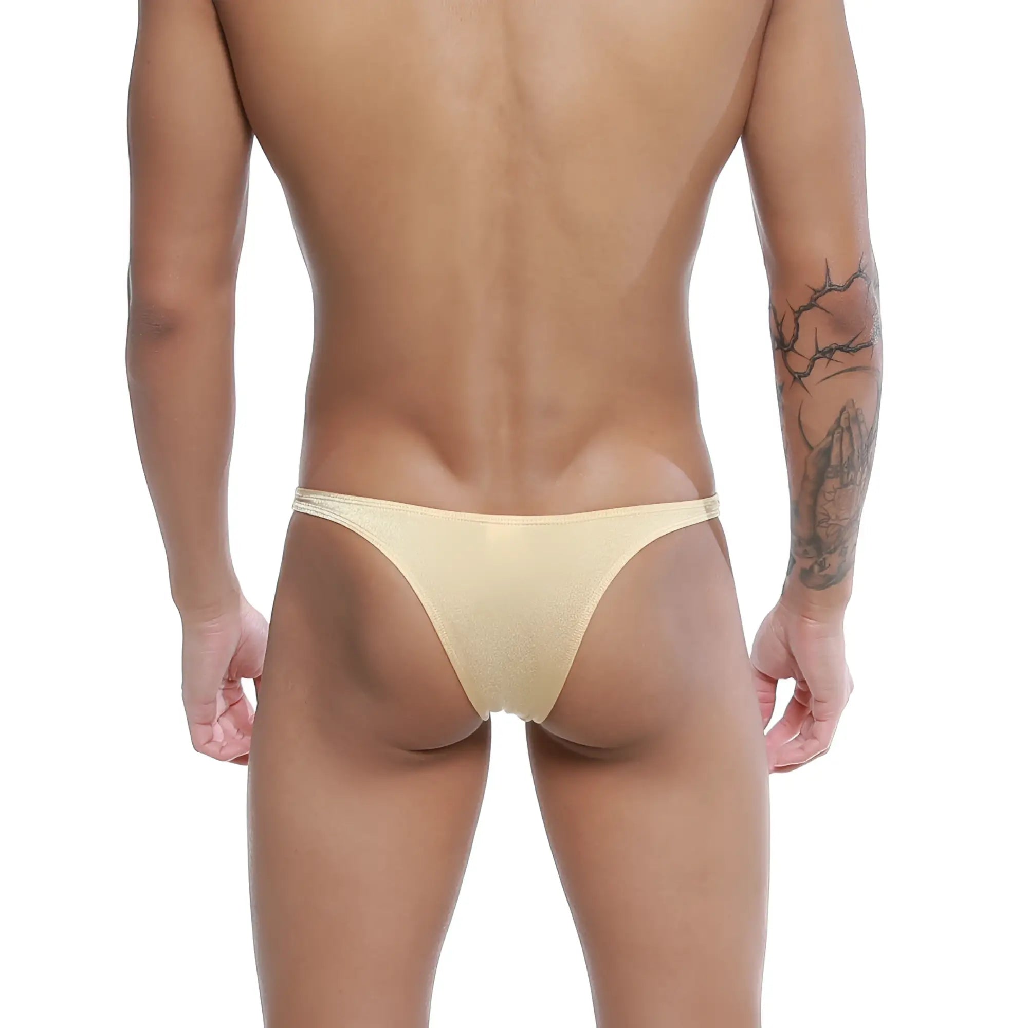 Beige sheer mesh thong with subtle shimmer from u-station dream bikini gold u0002-710 product line