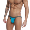 A vibrant turquoise thong bikini bottom with a dark gray waistband and side straps from u-station frisa bikini blue u1012-440