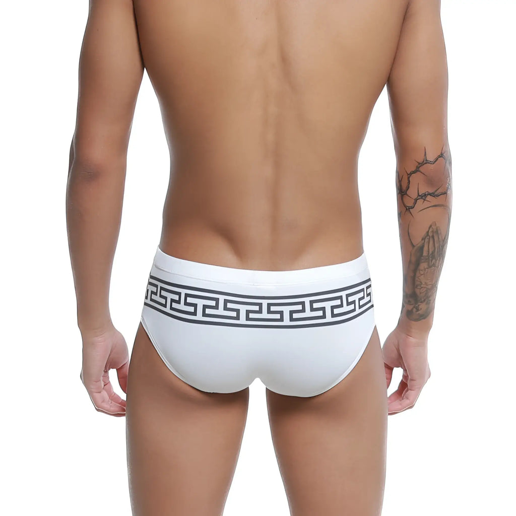 White men’s briefs u-station greek bikini black u0042-111 featuring bold black greek key pattern on the waistband