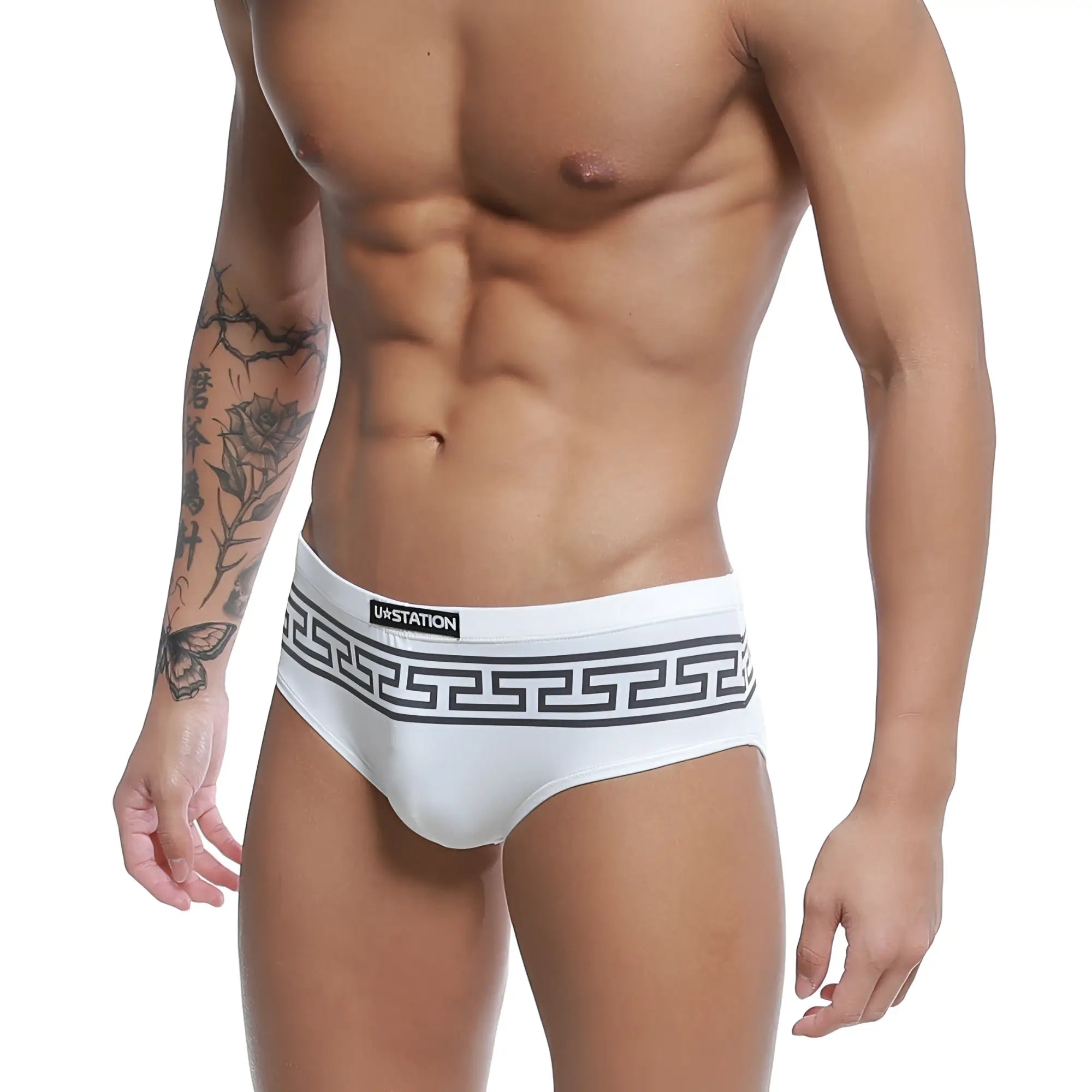 White men’s briefs with black Greek key waistband and ua station logo in black, model U-Station Greek Bikini Black U0042-111