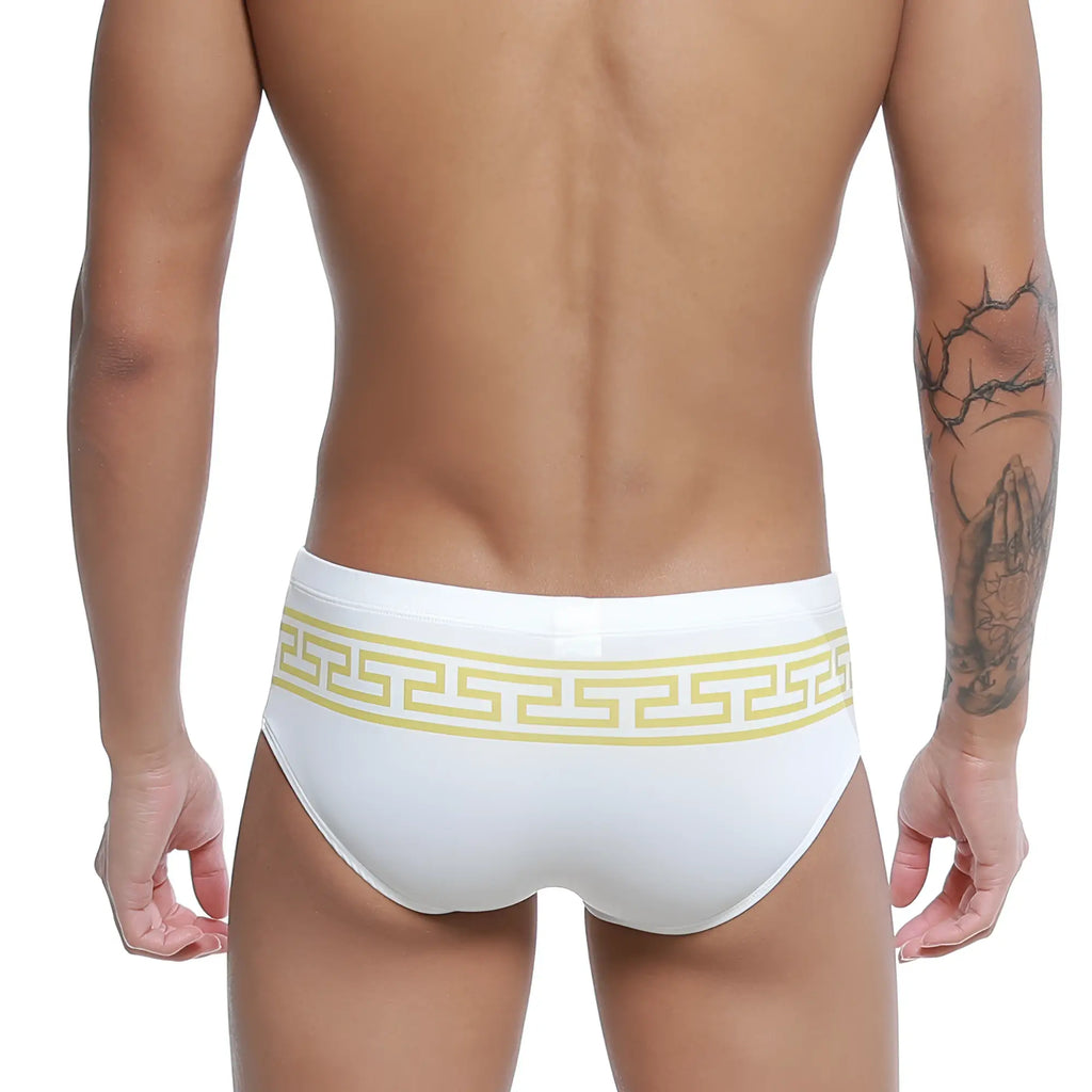 White u-station greek bikini gold swim trunks with bold yellow greek key pattern along the waistband