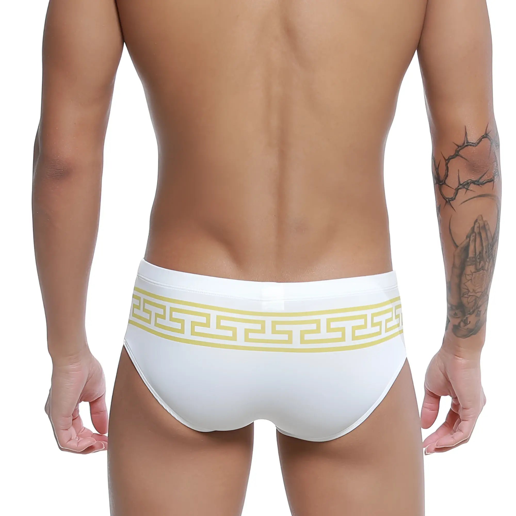 White u-station greek bikini gold swim trunks with bold yellow greek key pattern along the waistband