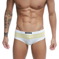 White ustation briefs with yellow greek key pattern waistband from the ustation greek bikini gold u0042-110 collection