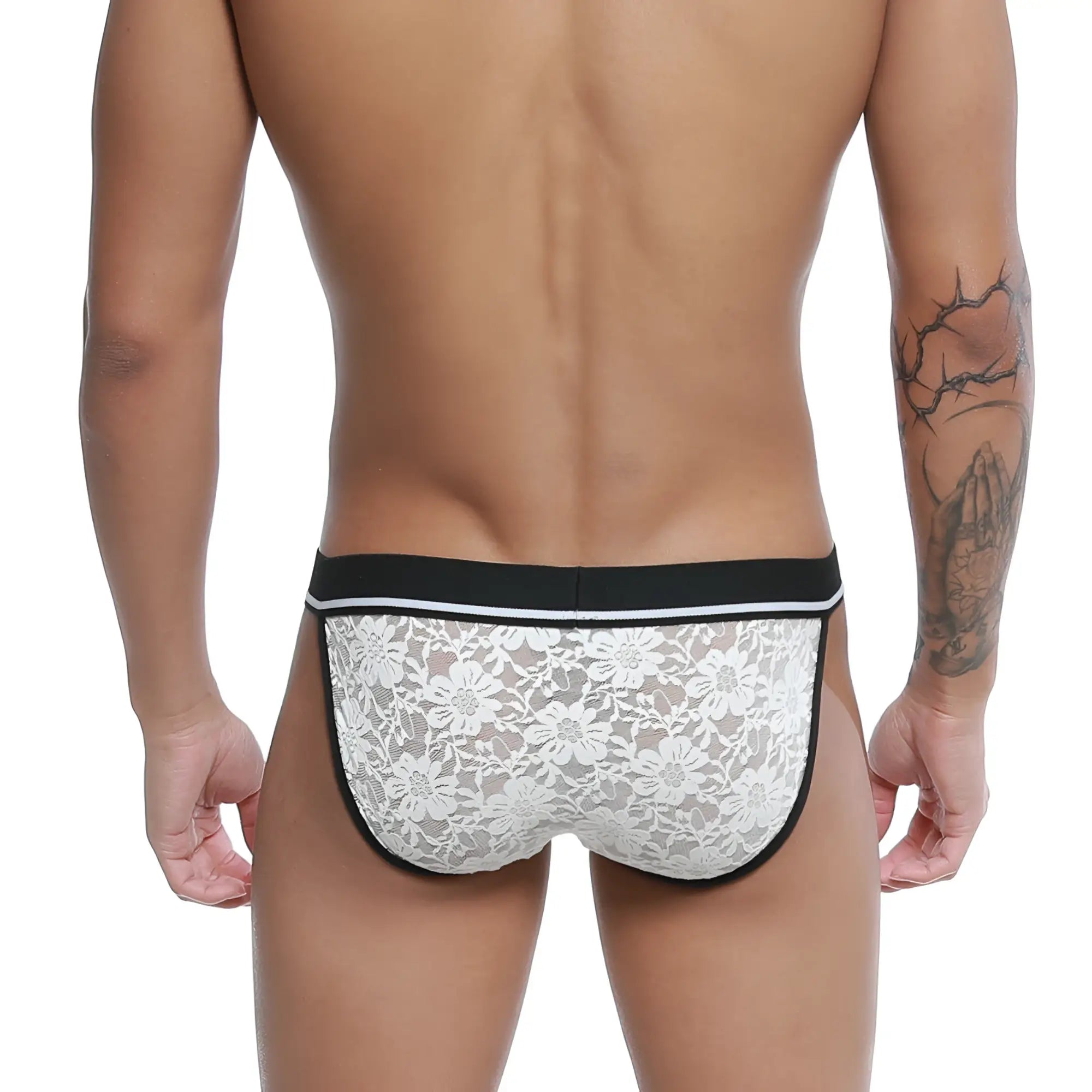 U-Station lace bikini white u0092-100 white lace briefs with black trim and subtle floral pattern front view
