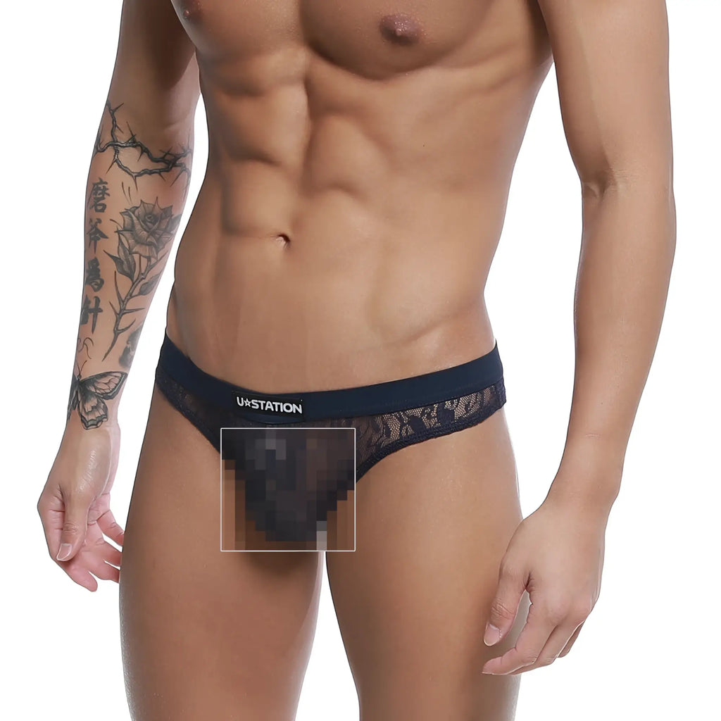 Black lace thong with blue branded waistband u station love thong blue u0404-199 front view