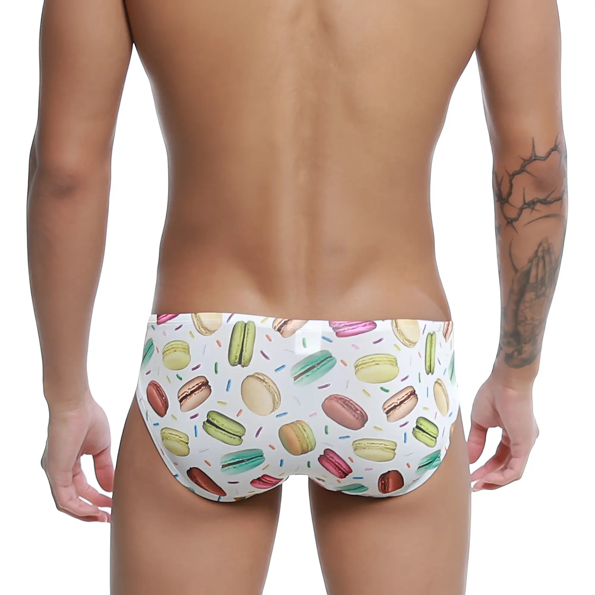 White swim trunks with colorful macaron and sprinkle pattern from u-station macaron bikini u0022-112 collection
