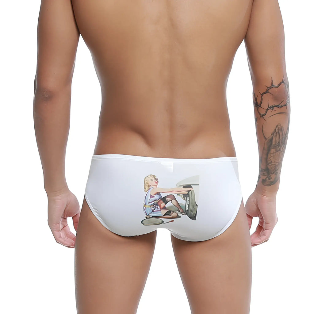 White swim trunks u-station repair bikini u0022-111 with vintage blonde woman in retro racing outfit on classic car wheel