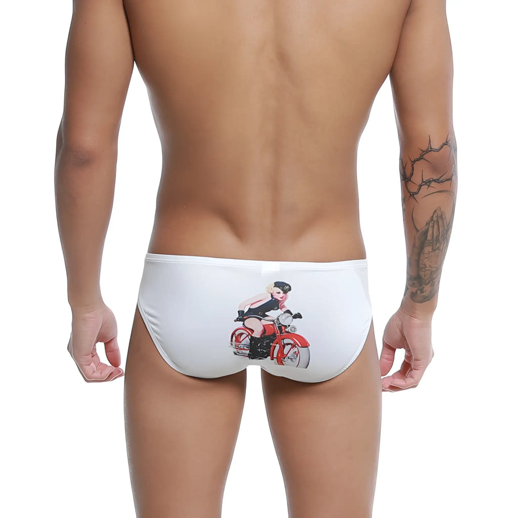 White swim trunks with red motorcycle and pin-up girl graphic from u-station rider bikini u0022-110 collection