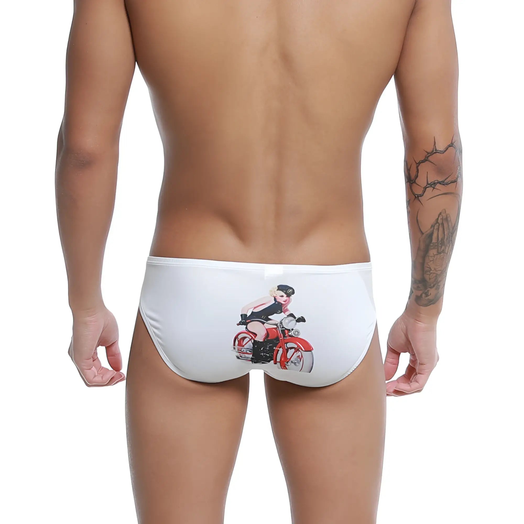 White swim trunks with red motorcycle and pin-up girl graphic from u-station rider bikini u0022-110 collection