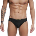 Black u-station briefs with gold logo and mesh fabric showing front design for seductive lingerie use