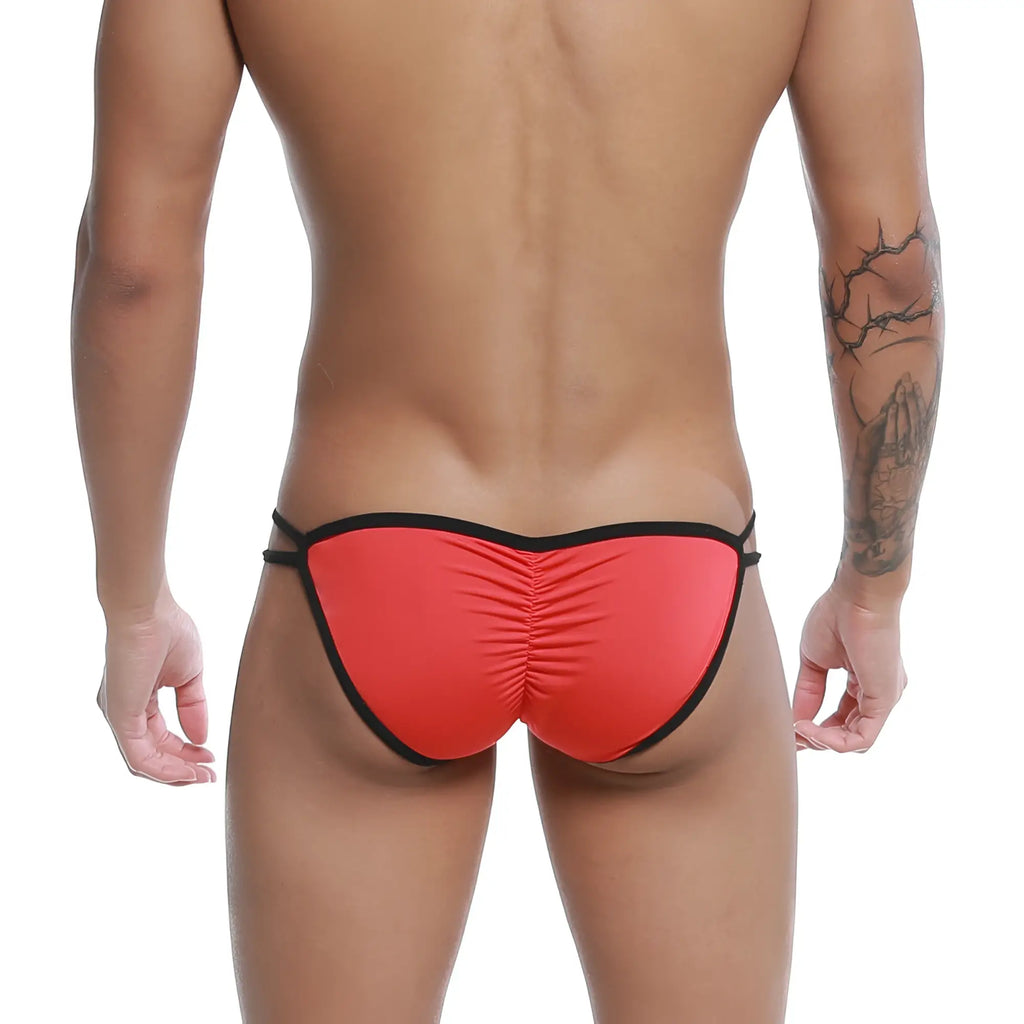 Back view of red and black U-Station skeleton bikini thong with ruched back and elastic waistband