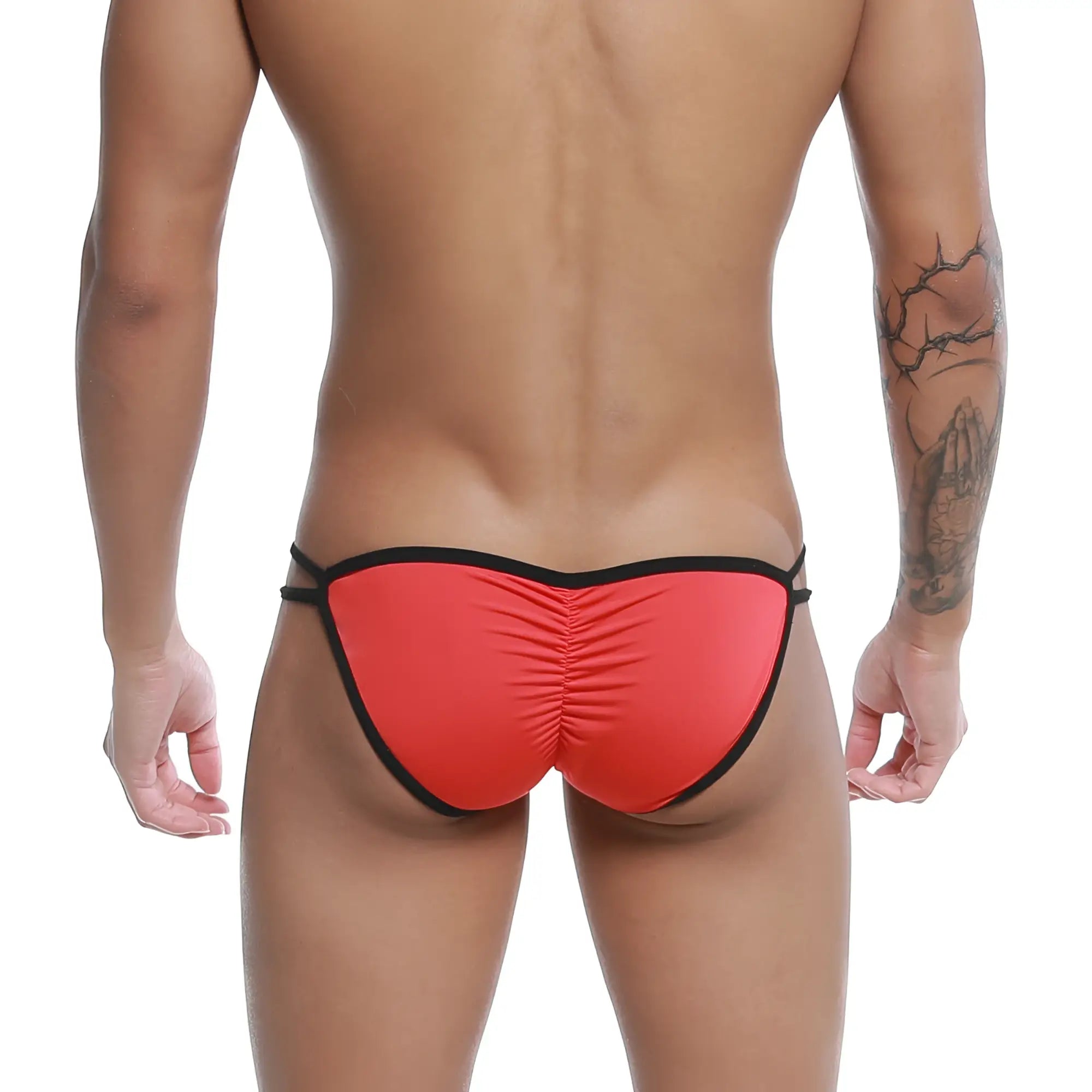 Back view of red and black U-Station skeleton bikini thong with ruched back and elastic waistband