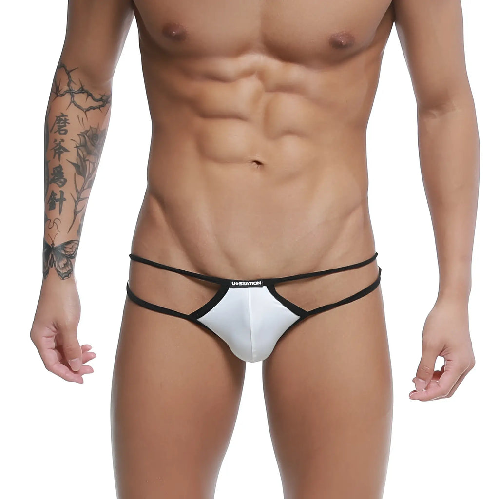 White and black U-Station skeleton bikini U0062-100 thong with sleek minimalist design showing front side view