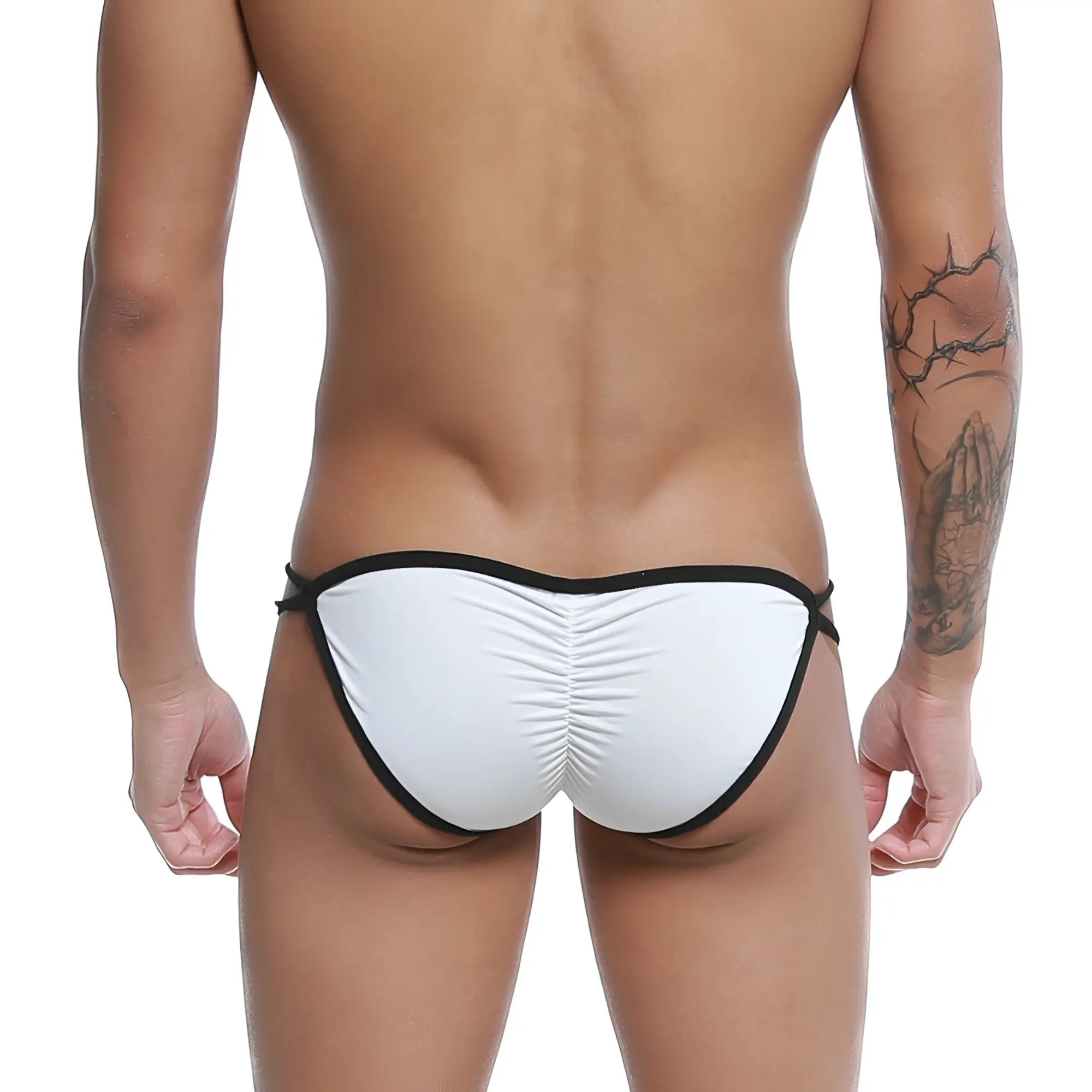 White swim trunks u station skeleton bikini with black trim and ruched back design shown from the back side