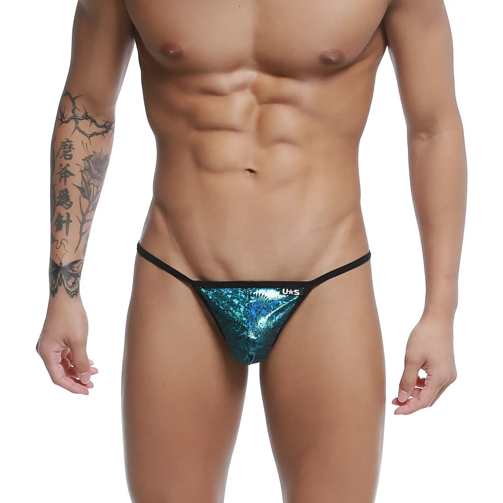 Shiny teal sequined u-station string thong with black trim in blue peacock color shown from the back side