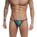 Shiny teal sequined u-station string thong with black trim in blue peacock color shown from the back side