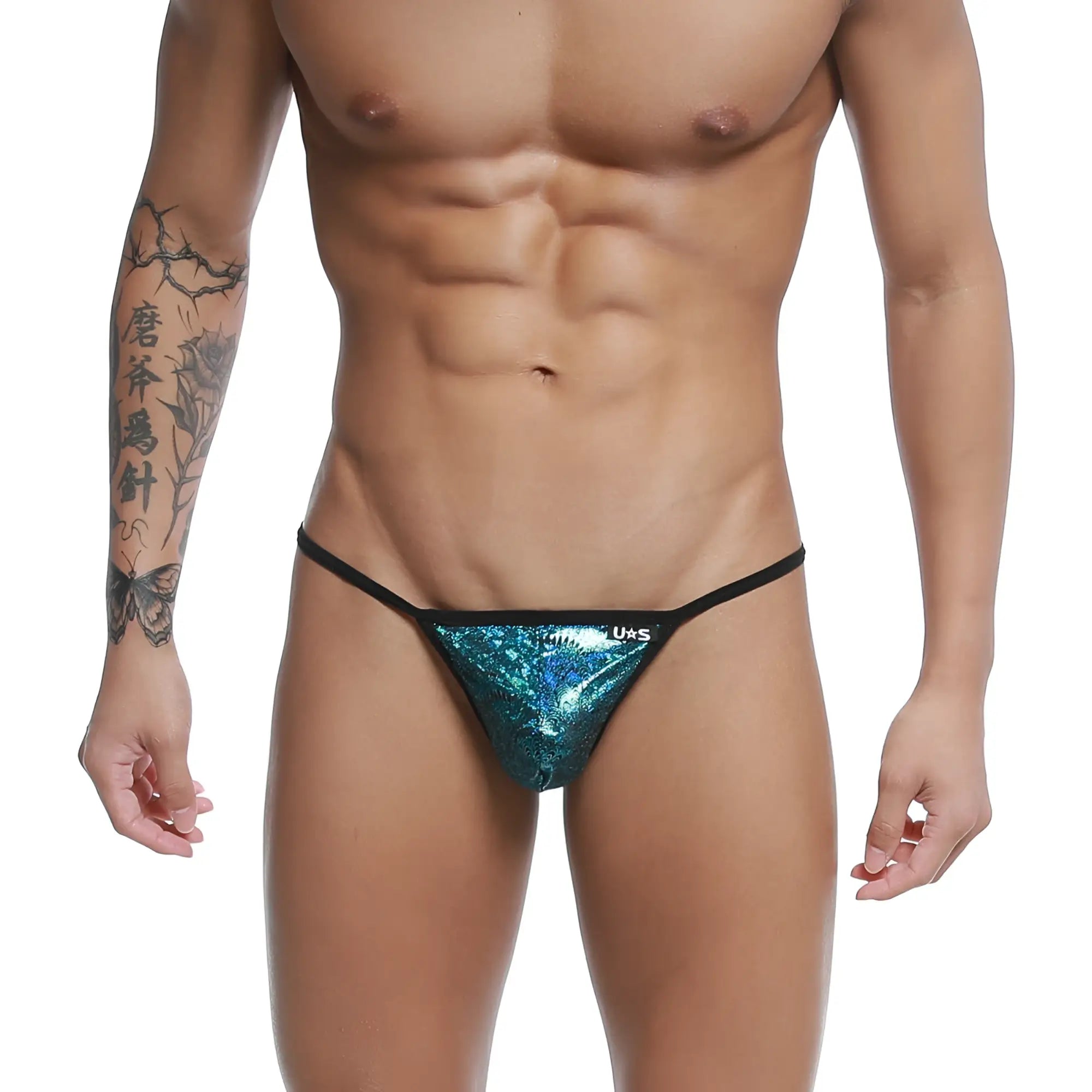 Shiny teal sequined u-station string thong with black trim in blue peacock color shown from the back side