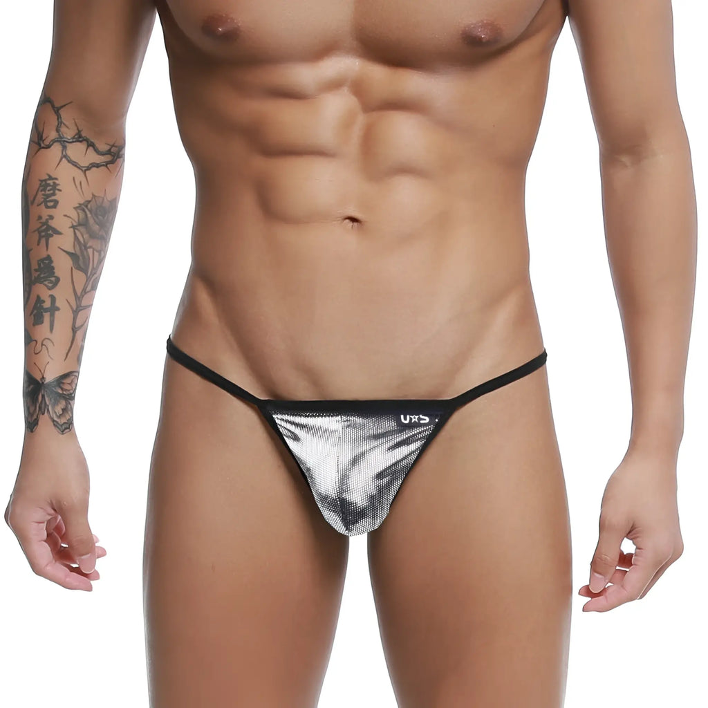 Silver metallic mesh u-station string thong with black trim and small uxs logo on waistband front view