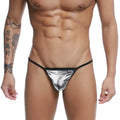 Silver metallic mesh u-station string thong with black trim and small uxs logo on waistband front view