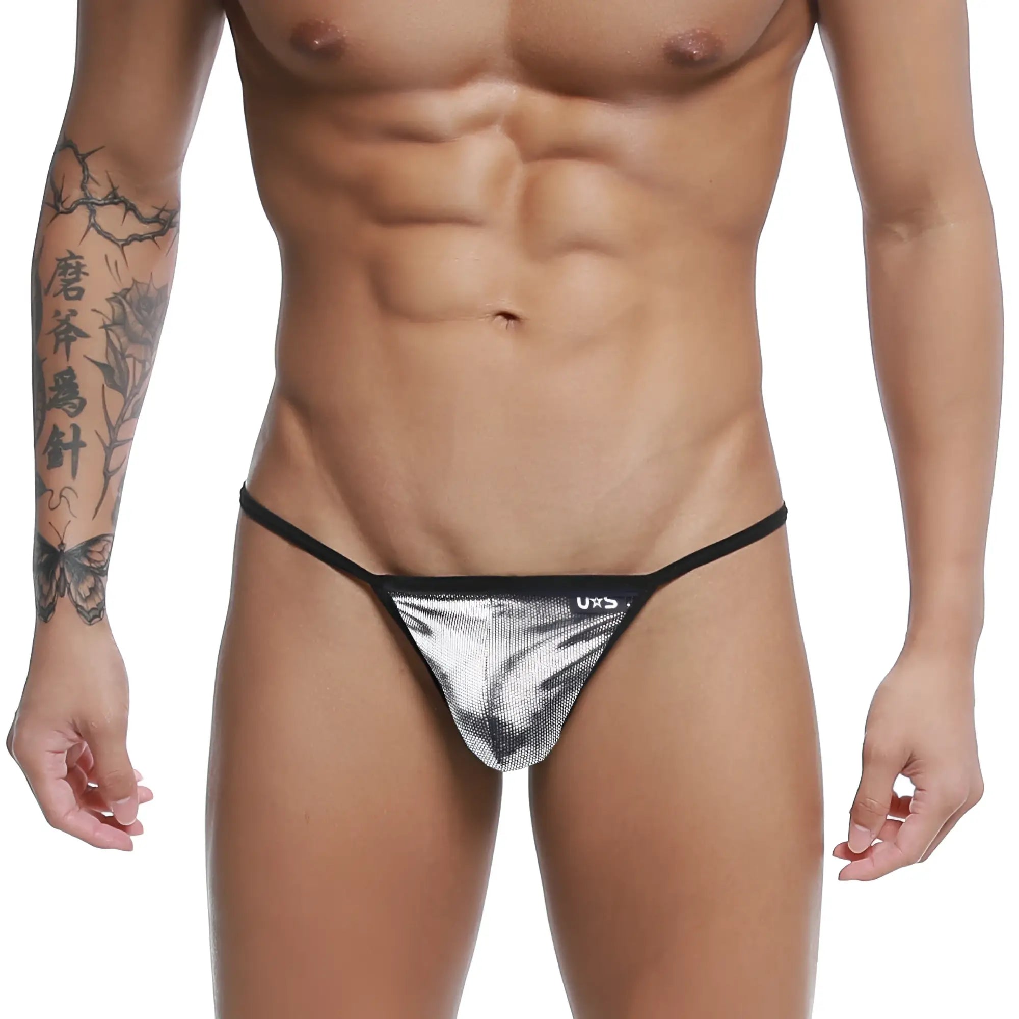 Silver metallic mesh u-station string thong with black trim and small uxs logo on waistband front view