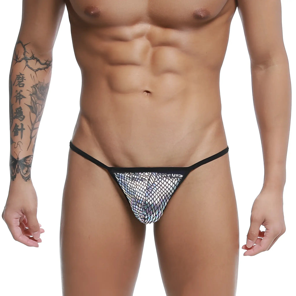 U-station string thong technic u0304-992 black-trimmed mesh with shimmering iridescent pattern front view