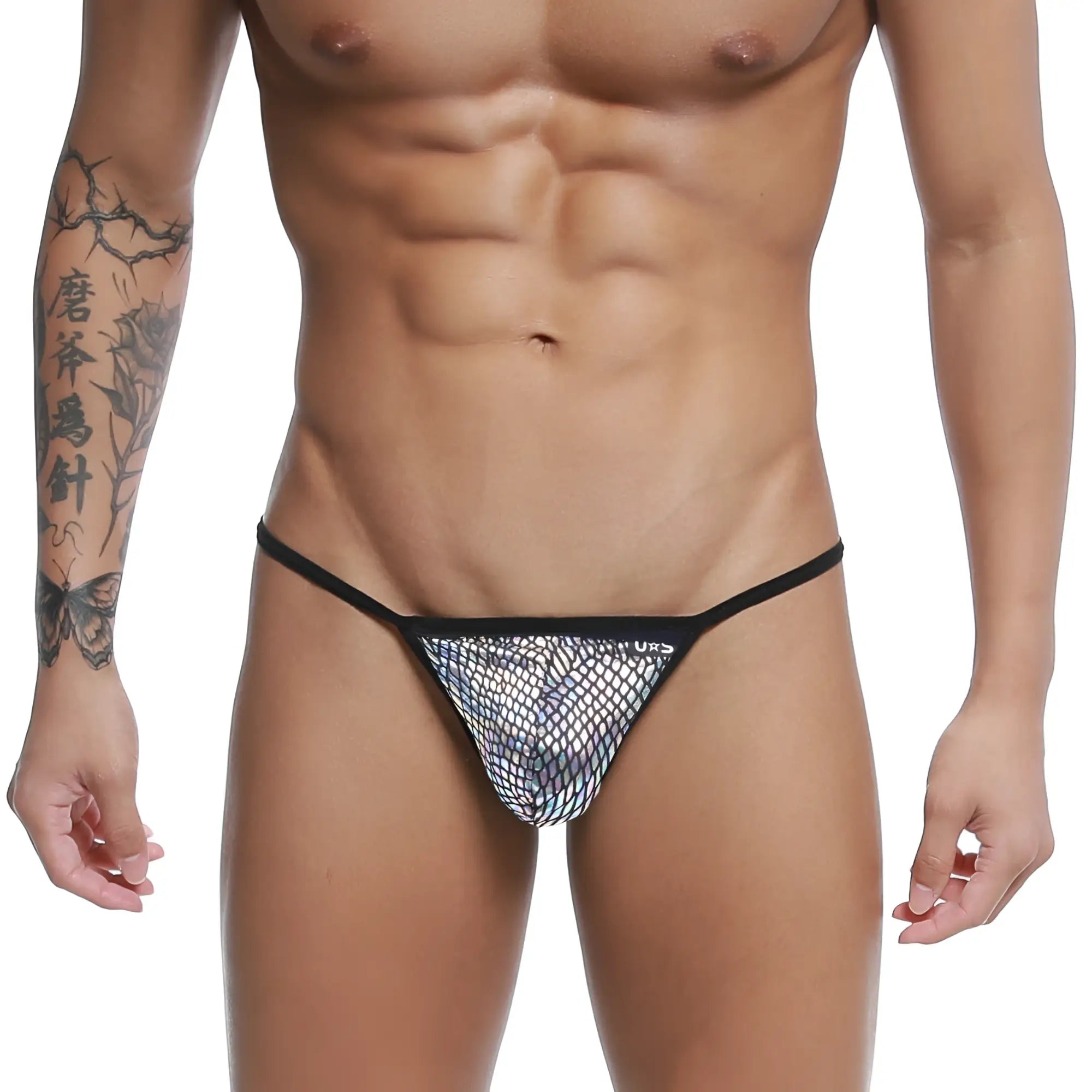 U-station string thong technic u0304-992 black-trimmed mesh with shimmering iridescent pattern front view