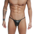 Black shiny faux leather thong with small ukd logo on front u station trendy thong black u1114-001