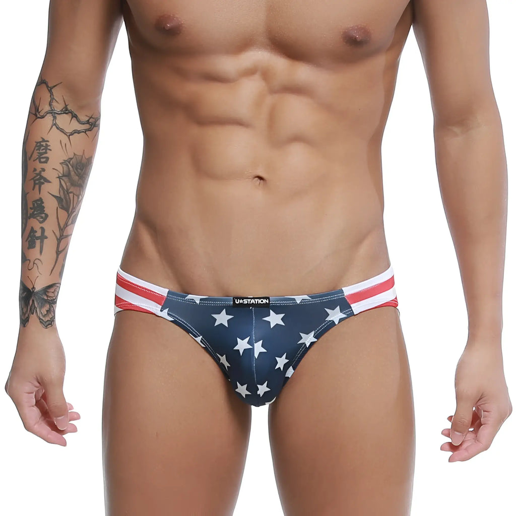 Blue american flag-themed briefs with white stars and red and white striped waistband by u station usa bikini u0022-606