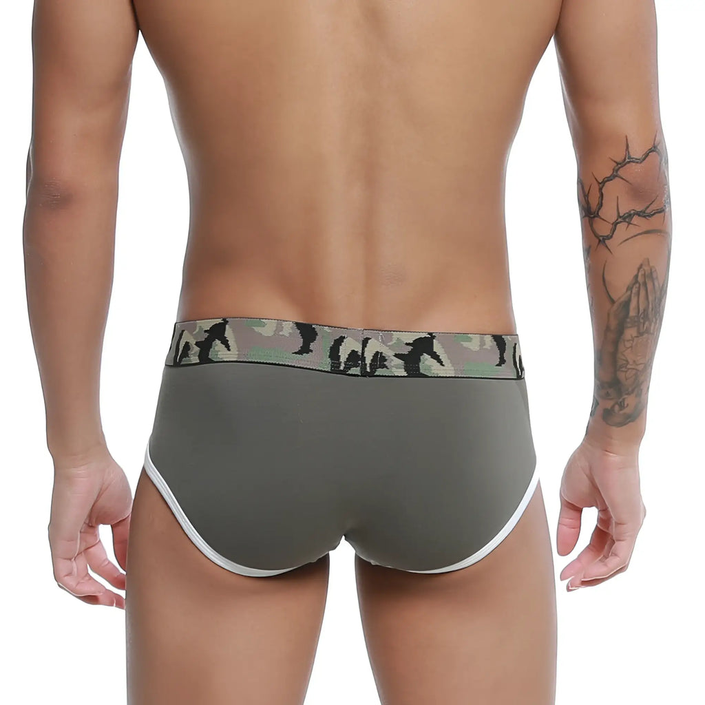 Olive green u-station wings brief with camouflage waistband and white trim along leg openings in black u0072-001