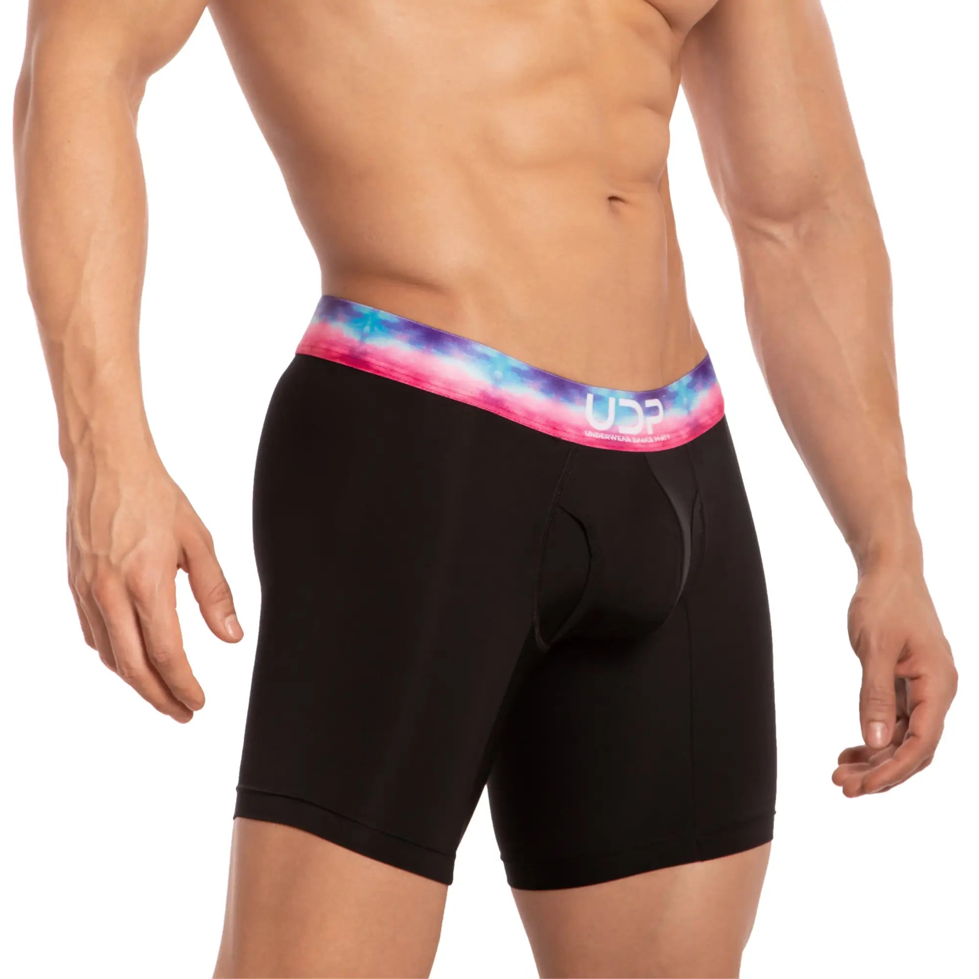 Black boxer briefs udg001 the pregame boxer with vibrant pink blue and purple tie-dye waistband front view