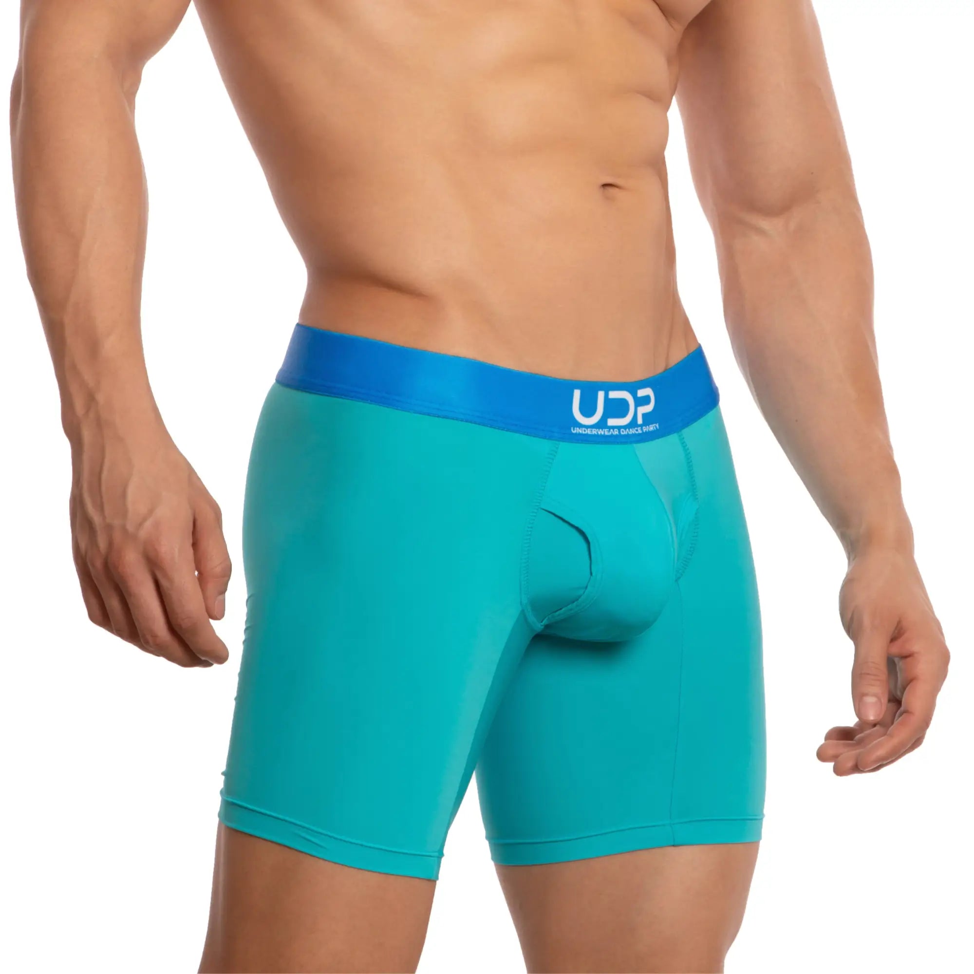 Teal men’s boxer briefs with a blue udp logo waistband designed for comfort and active use udg001 the pregame boxer