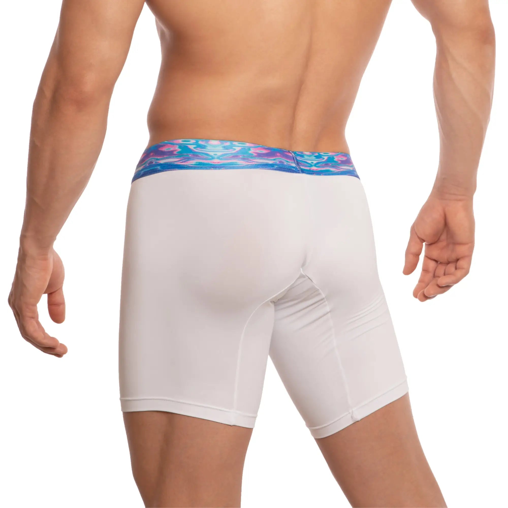 White men’s boxer briefs udg001 the pregame boxer with vibrant blue and purple patterned waistband front side view