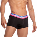Black briefs udp udg002 boxer brief with vibrant cosmic-patterned pink blue and purple waistband front view