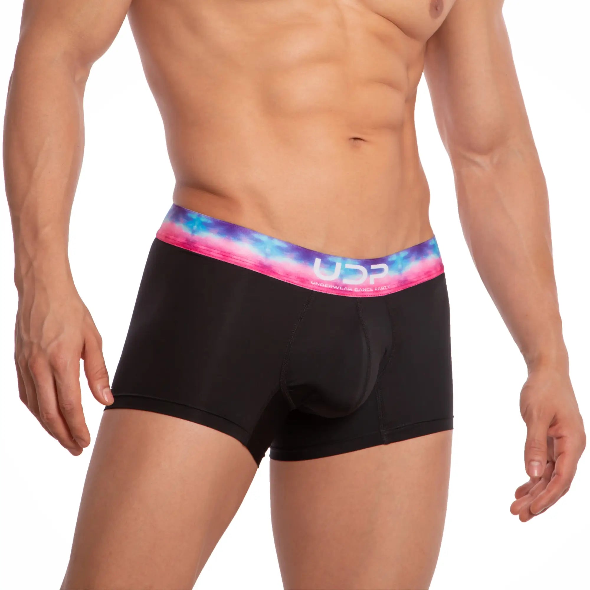 Black briefs udp udg002 boxer brief with vibrant cosmic-patterned pink blue and purple waistband front view