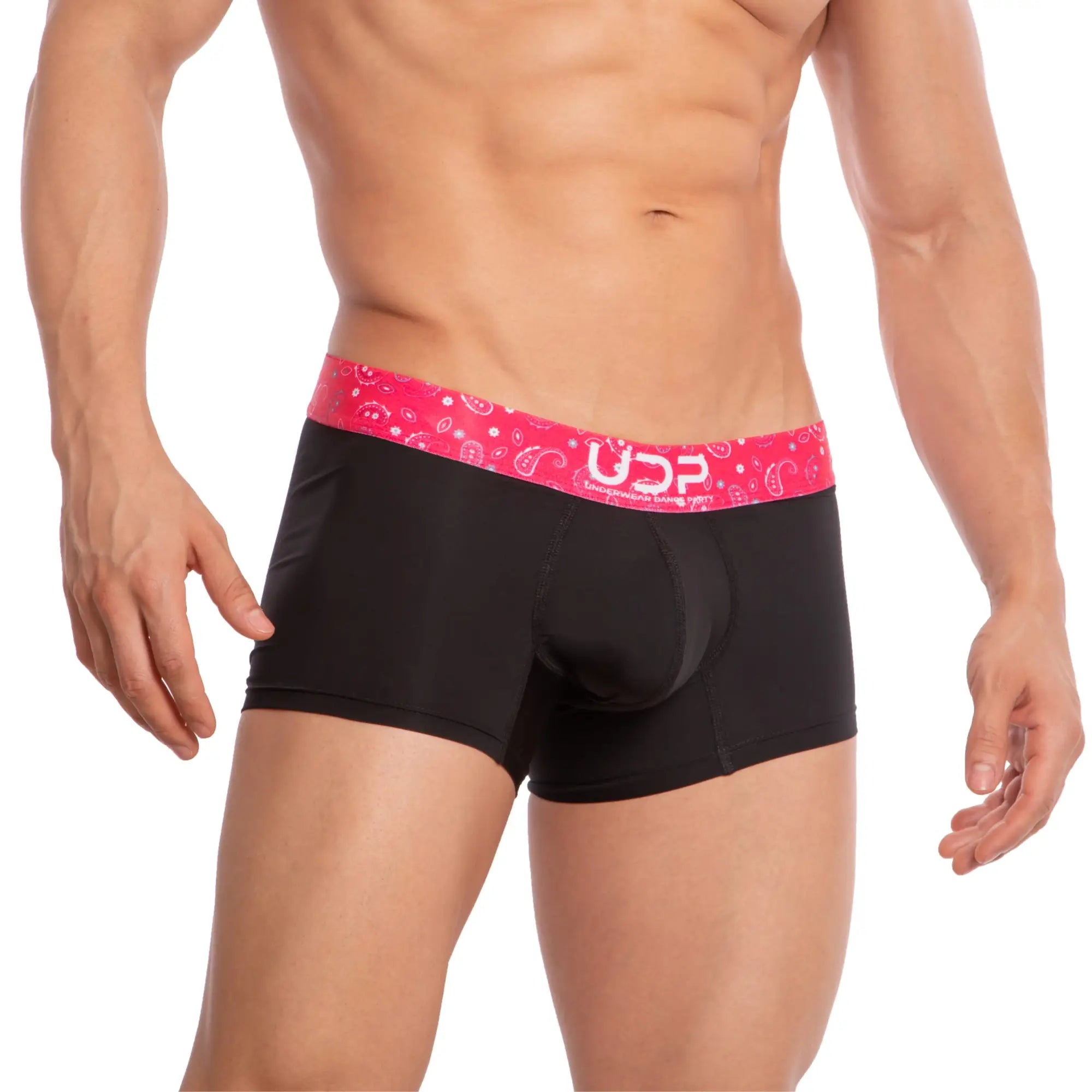 Black briefs with vibrant pink bandana-patterned waistband featuring udp logo udp udg002 boxer brief