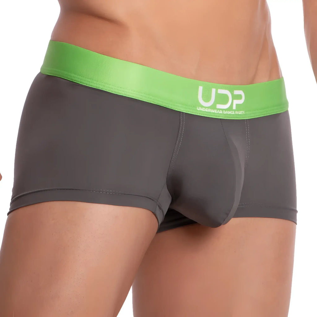 Gray briefs with bright green waistband featuring udp logo from udp udg003 boxer trunk collection