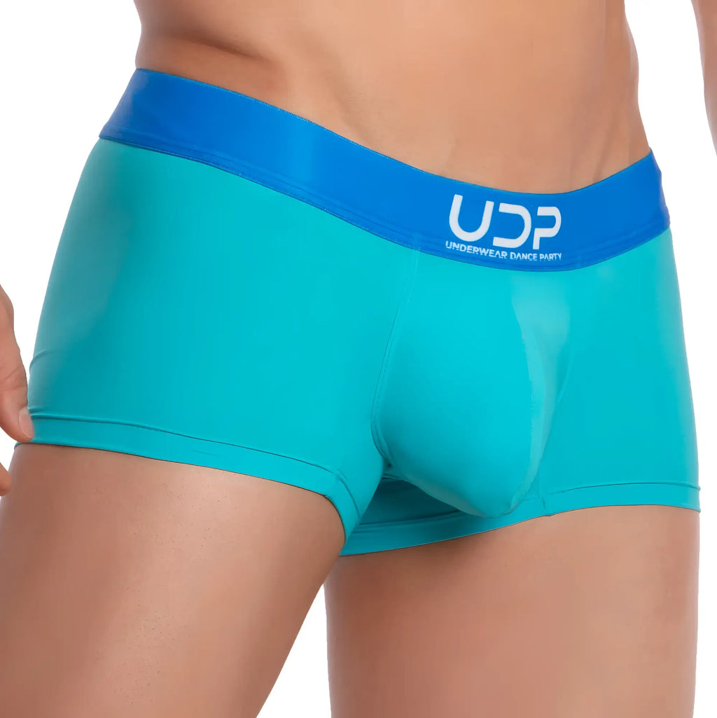 Udp udg003 boxer trunk teal and blue men’s briefs with satin waistband and udp underwear dance party logo