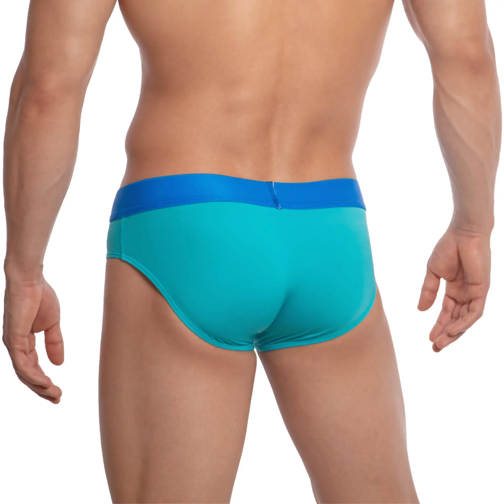 Udp udj001 brief teal and blue swim trunks with solid waistband designed for comfortable water use
