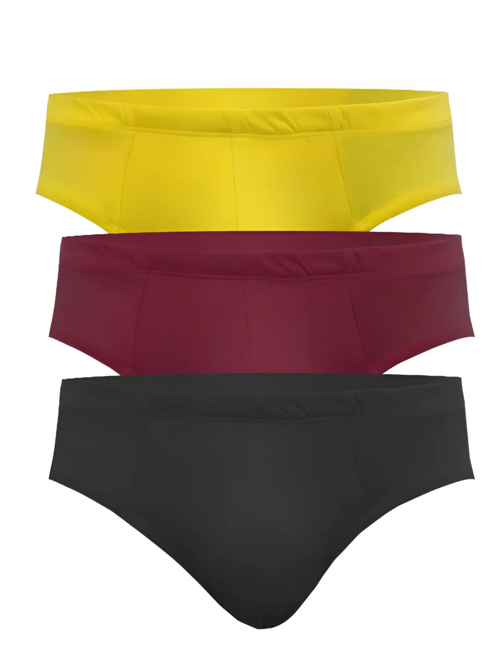 Three pairs of ug contour basic briefs in vibrant yellow deep maroon and solid black with contour design