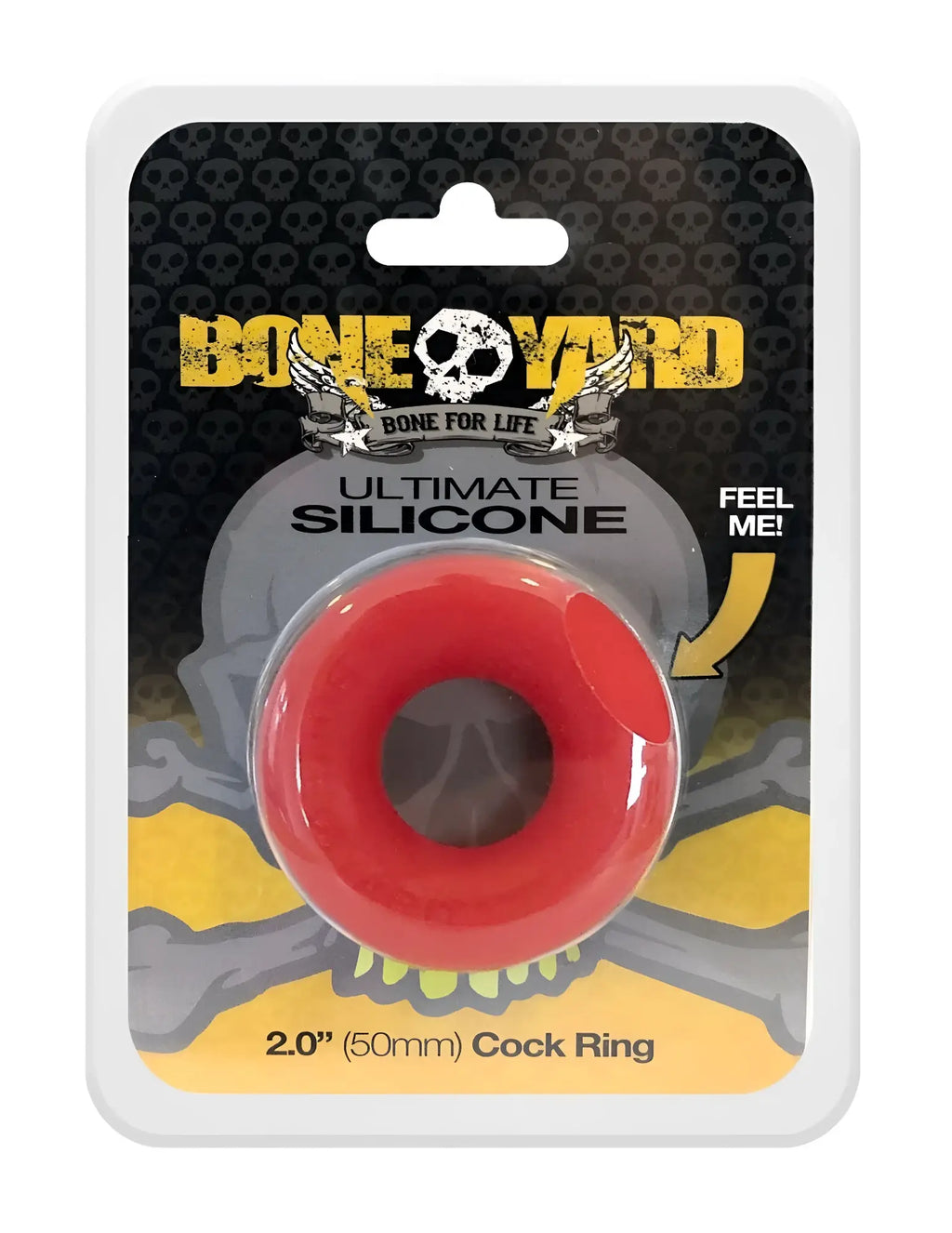 Red silicone cock ring 2 inch diameter with skull design packaging and bone yard branding ultimate silicone ring red
