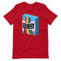 Red short-sleeved t-shirt with a colorful rainbow-striped box and bold black queer print, ultra queer design