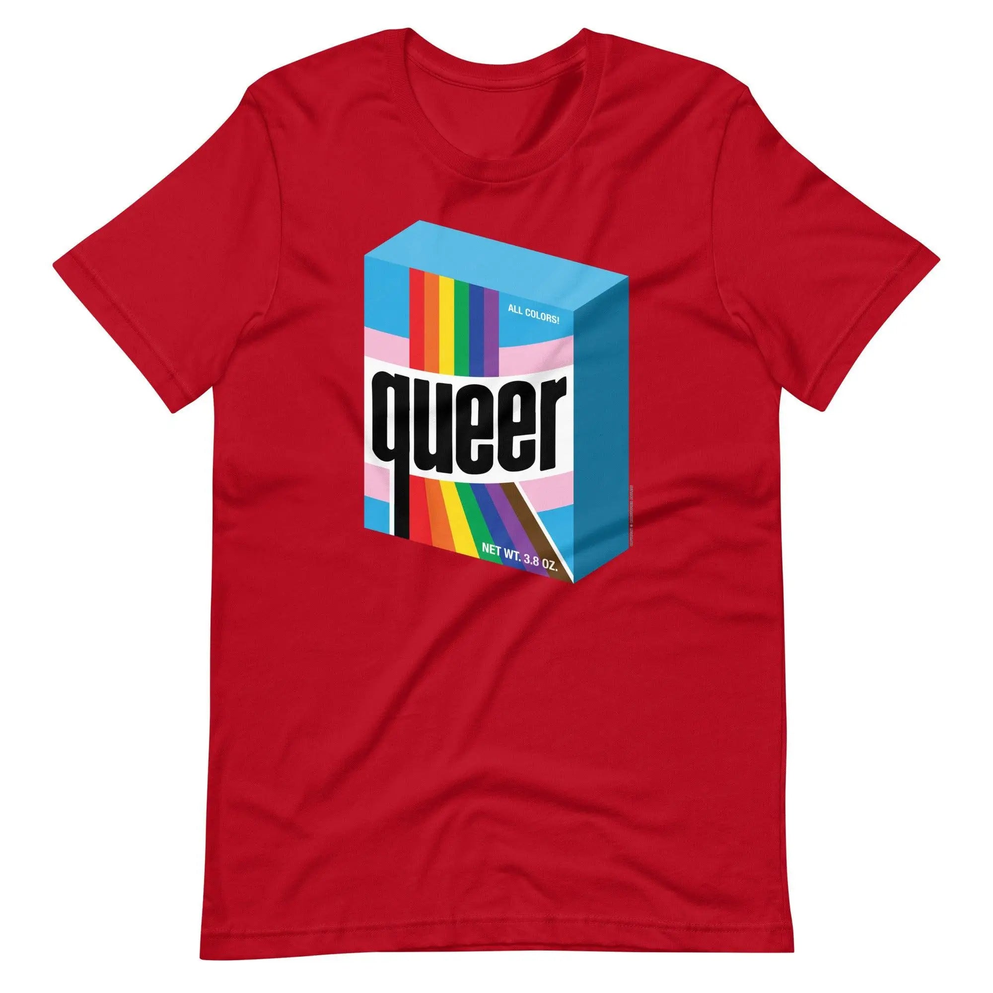 Red short-sleeved t-shirt with a colorful rainbow-striped box and bold black queer print, ultra queer design
