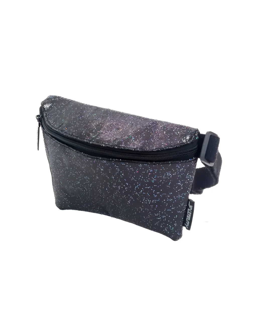 Ultra slim fanny pack made of black glittery fabric with zipper closure and adjustable strap for hands free use