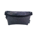 Ultra slim fanny pack in black glittery material with subtle iridescent sheen and black zipper closure