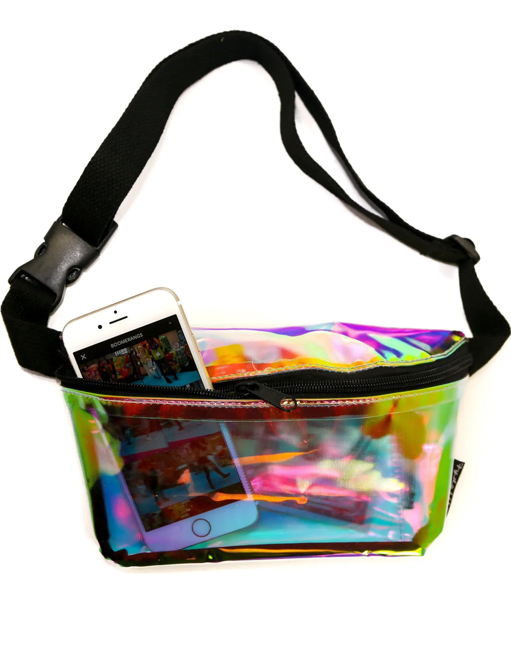 Ultra slim fanny pack iridescent holographic waist pouch with black adjustable strap and zipper closure