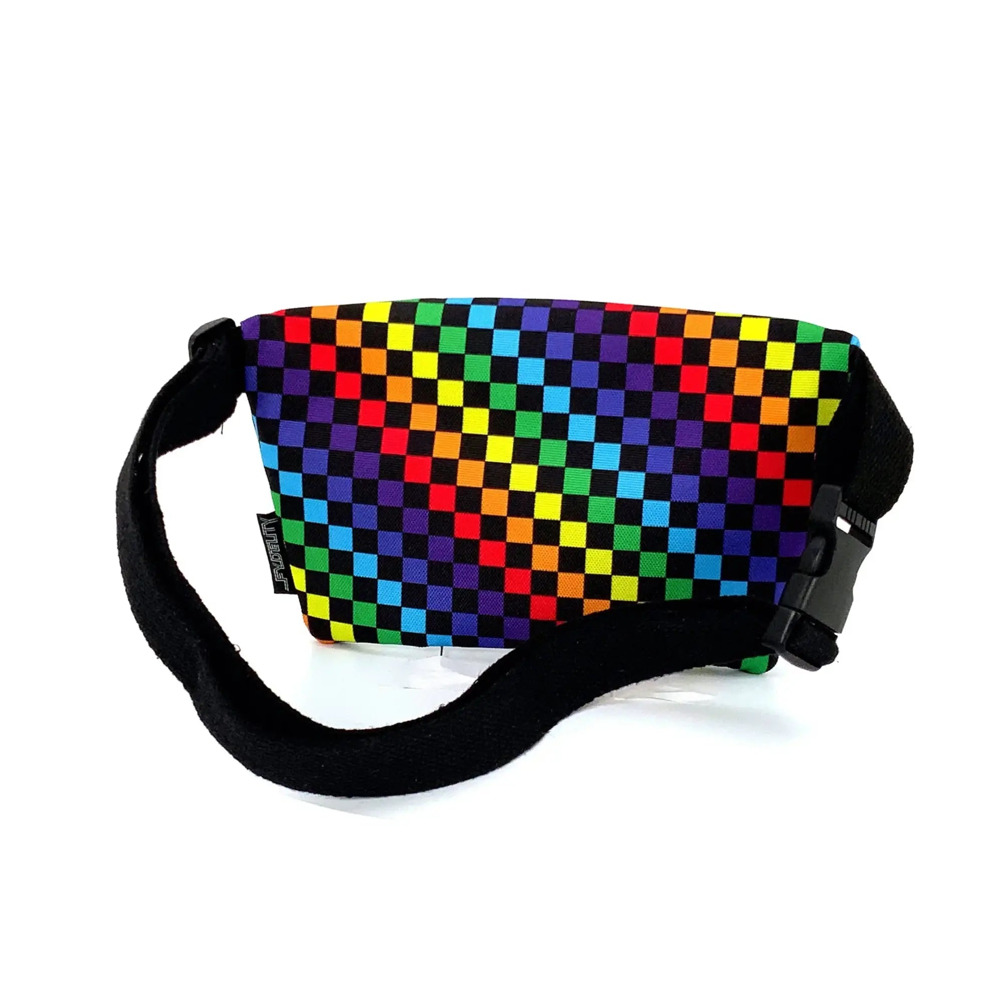 Ultra slim fanny pack with rainbow checkered pattern and black adjustable strap with buckle for hands free use
