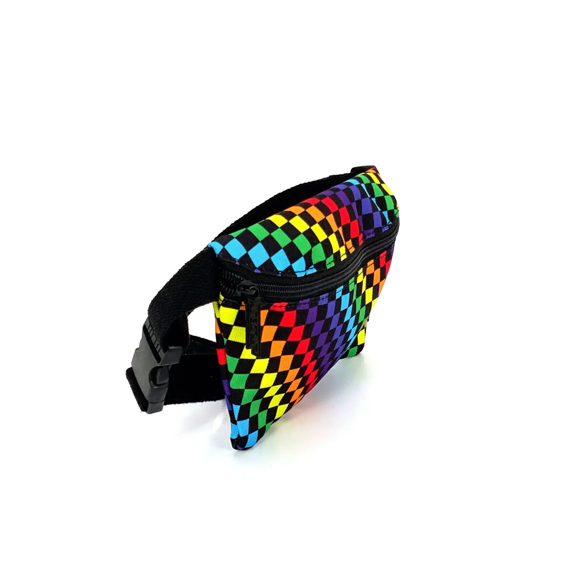 Ultra slim fanny pack with rainbow checkered fabric, black zipper, and adjustable strap for hands-free convenience